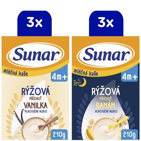 Sunar mléčná kaše rýžová mix příchutí 4m+ 6x210g