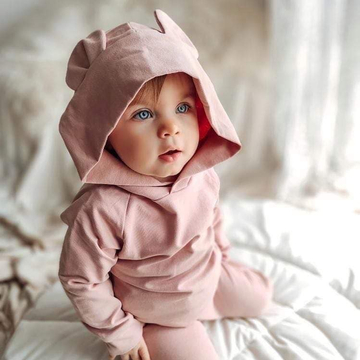 Malá holčička v pudrově růžové teplákové soupravě s roztomilými oušky na kapuci od Bunny Kids