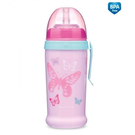 Canpol babies Sportovní láhev s nevylévací slámkou Butterfly 350ml (12m+) - RŮŽOVÁ