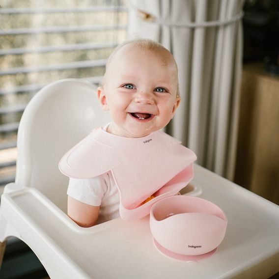 BabyOno Silikonový bryndák s kapsou RŮŽOVÝ