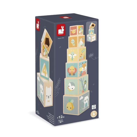 Janod Pure Skládací dřevěná pyramida - Zvířátka 6 ks