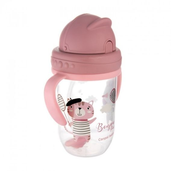 Canpol babies Nevylévací hrneček se slámkou a závažím BONJOUR PARIS 270ml RŮŽOVÝ