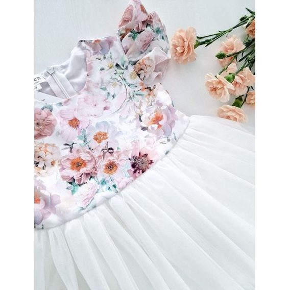 Helen Tylové šaty Creamy Flowers s bílou sukýnkou