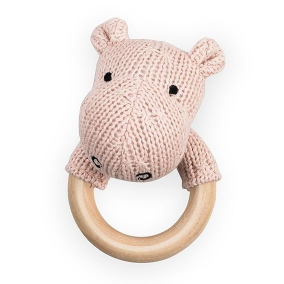 Jollein Chrastítko s dřevěným kroužkem Soft Knit HIPPO - CREAMY PEACH