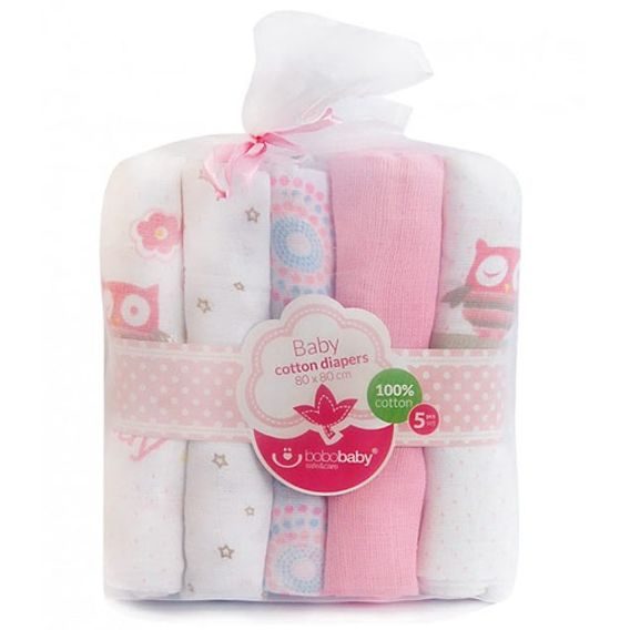 Bobobaby Látkové pleny s potiskem 80x80cm SOVIČKY RŮŽOVÝ MIX, bal. 5ks