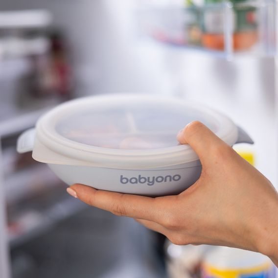 BabyOno Silikonový dělený talíř s přísavkou a víčkem MODRÁ