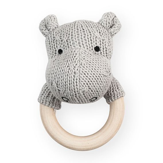 Jollein Chrastítko s dřevěným kroužkem Soft Knit HIPPO - LIGHT GREY