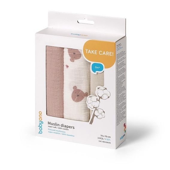 BabyOno Mušelínové pleny 3ks MEDVÍDCI