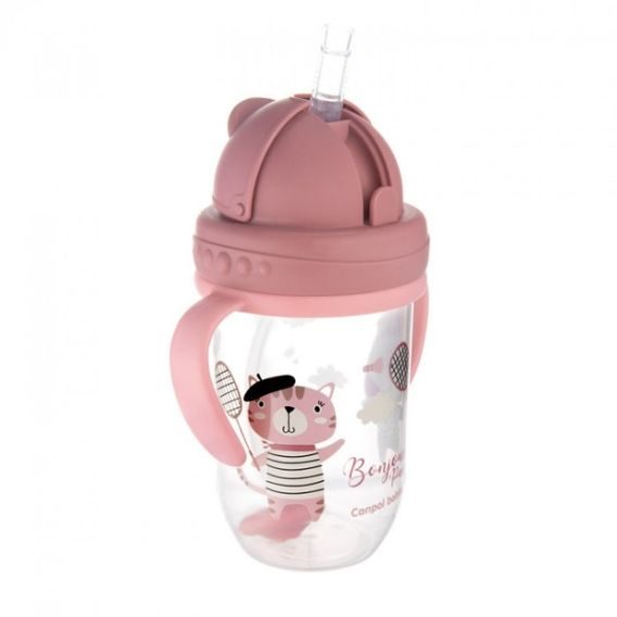 Canpol babies Nevylévací hrneček se slámkou a závažím BONJOUR PARIS 270ml RŮŽOVÝ