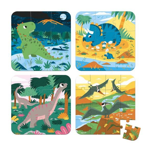 Janod Puzzle v kufříku 4v1 Dinosauři