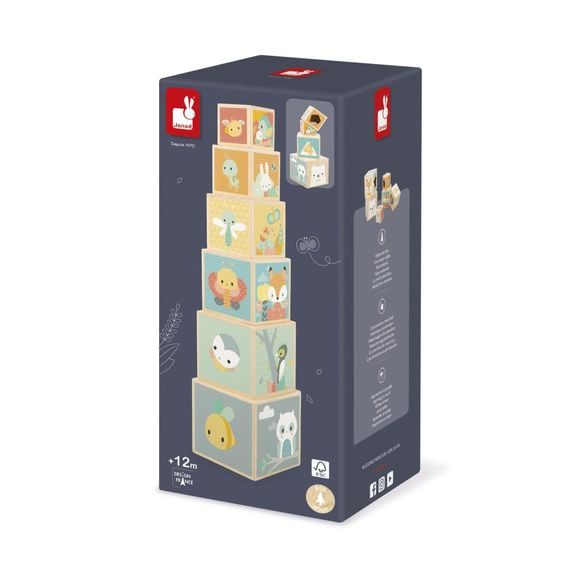 Janod Pure Skládací dřevěná pyramida - Zvířátka 6 ks