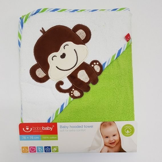 Bobobaby Froté osuška s kapucí 76x76cm - OPIČKA ZELENO-BÍLÁ