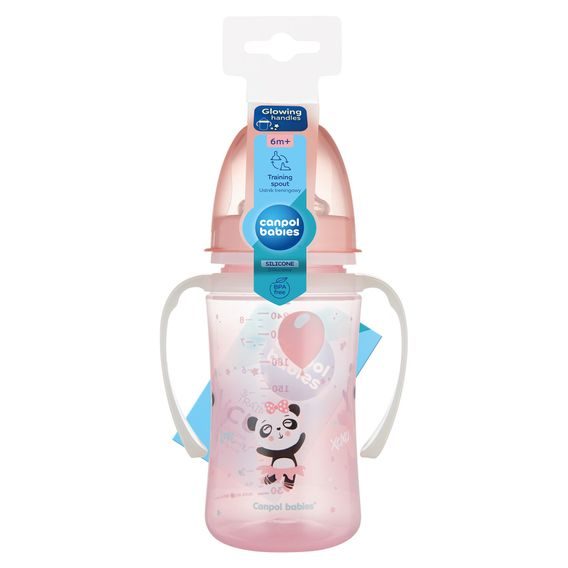 Canpol babies Tréninkový hrníček se svítícími úchyty Exotic Animals 240ml (6m+) - RŮŽOVÝ PANDA