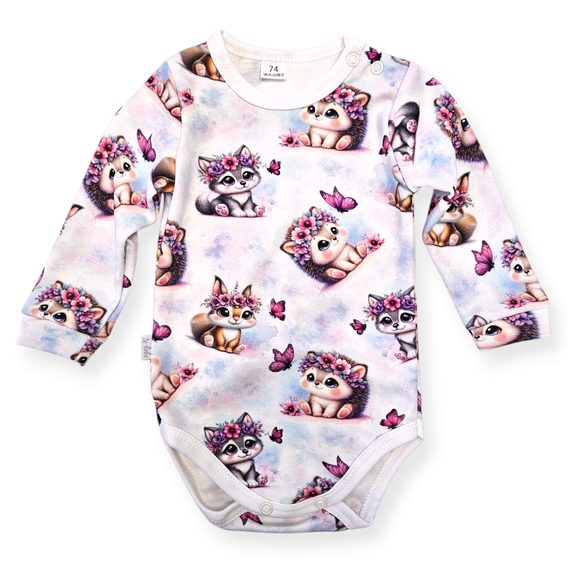 Le Bebe Body dlouhý rukáv Zvířátka a růžoví motýlci