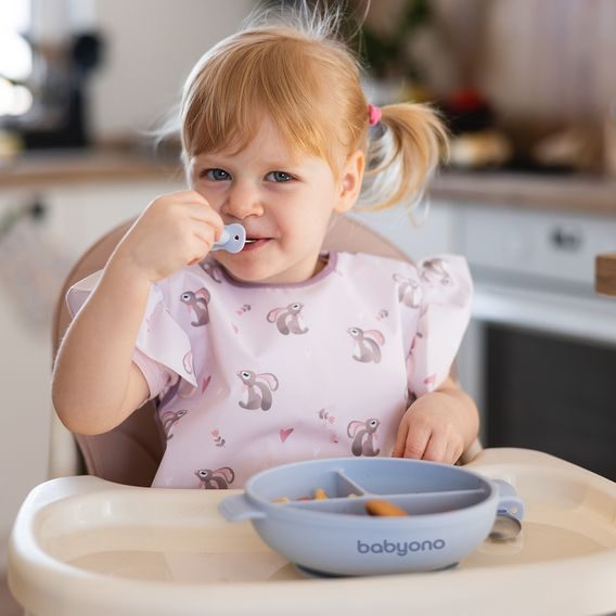 BabyOno Silikonový dělený talíř s přísavkou a víčkem MODRÁ