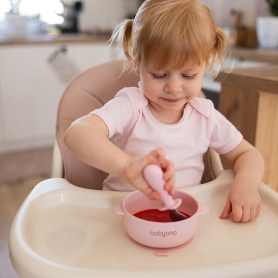 BabyOno Silikonová miska s přísavkou a víčkem RŮŽOVÁ