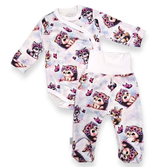 Le Bebe Souprava body + polodupačky Zvířátka a růžoví motýlci