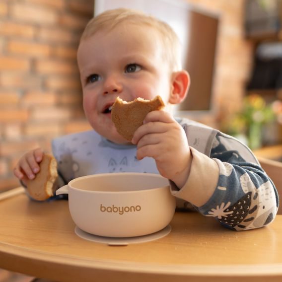 BabyOno Silikonová miska s přísavkou a víčkem BÉŽOVÁ