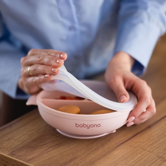 BabyOno Silikonový dělený talíř s přísavkou a víčkem RŮŽOVÁ