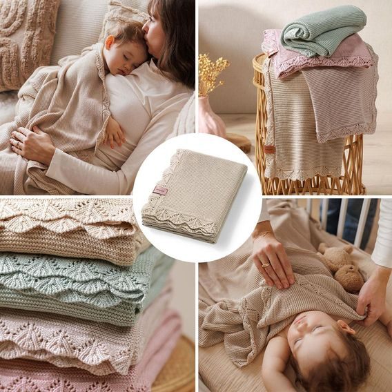 BabyOno Pletená dětská deka bambusová ozdobný lem SVĚTLE BÉŽOVÁ