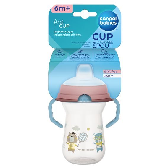 Canpol babies Hrneček se silikonovým pítkem FirstCup Bonjour Paris 250ml MODRÝ