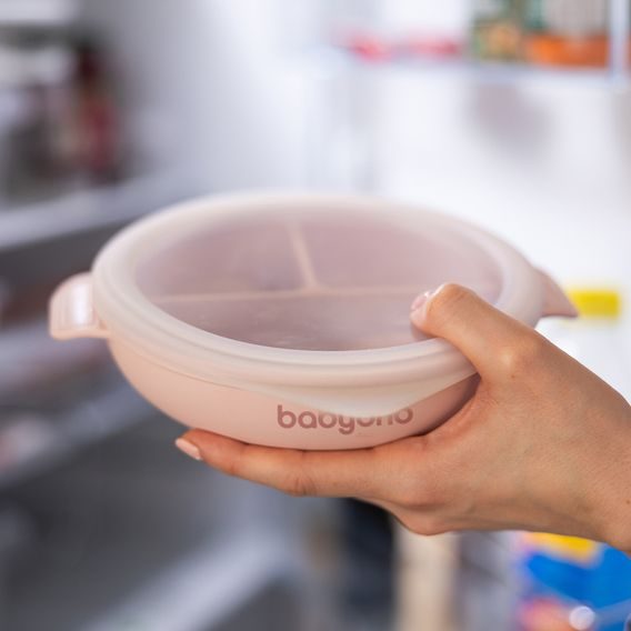 BabyOno Silikonový dělený talíř s přísavkou a víčkem RŮŽOVÁ