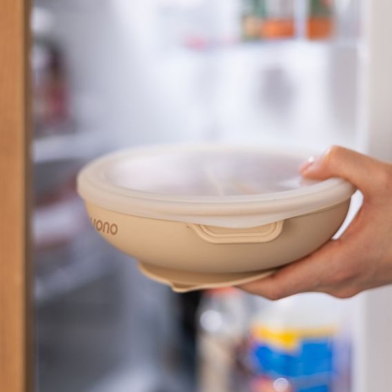 BabyOno Silikonový dělený talíř s přísavkou a víčkem BÉŽOVÁ