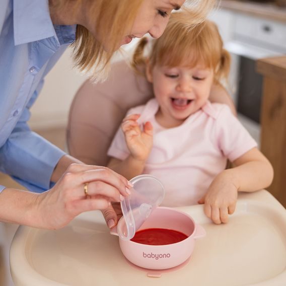 BabyOno Silikonová miska s přísavkou a víčkem RŮŽOVÁ