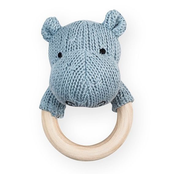 Jollein Chrastítko s dřevěným kroužkem Soft Knit HIPPO - SOFT BLUE