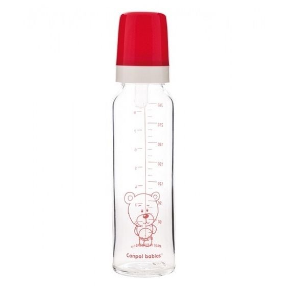 Canpol babies Skleněná láhev Teddy Friend 240ml - ČERVENÁ