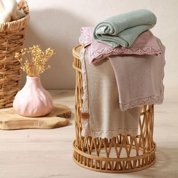 BabyOno Pletená dětská deka bambusová ozdobný lem SVĚTLE BÉŽOVÁ
