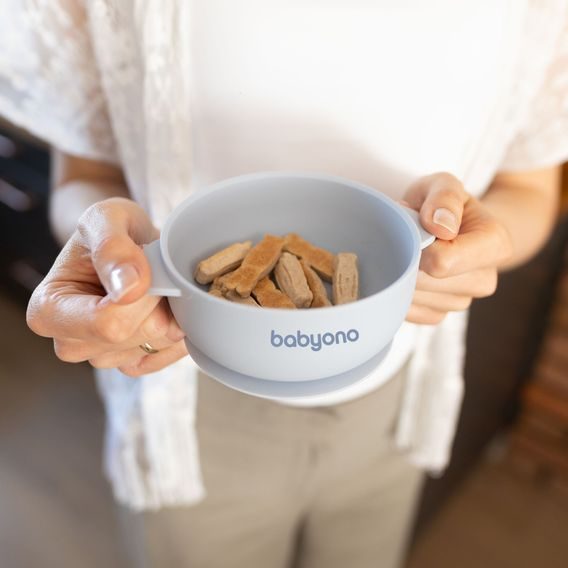 BabyOno Silikonová miska s přísavkou a víčkem MODRÁ