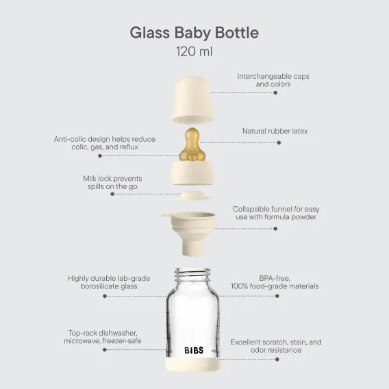 BIBS Skleněná kojenecká láhev antikoliková kaučuk 120ml IVORY