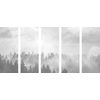 5-dielny obraz les zahalený hmlou v čiernobielom prevedení