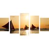 5-dielny obraz plachetnice pri západe slnka