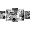 5-dielny obraz anjel na rozkvitnutej lúke v čiernobielom prevedení