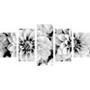 5-dielny obraz jemné rozkvitnuté dálie v čiernobielom prevedení