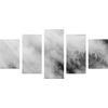 5-dielny obraz hmla nad lesom v čiernobielom prevedení