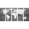 5-dielny obraz čiernobiela moderná mapa sveta na drevenom podklade