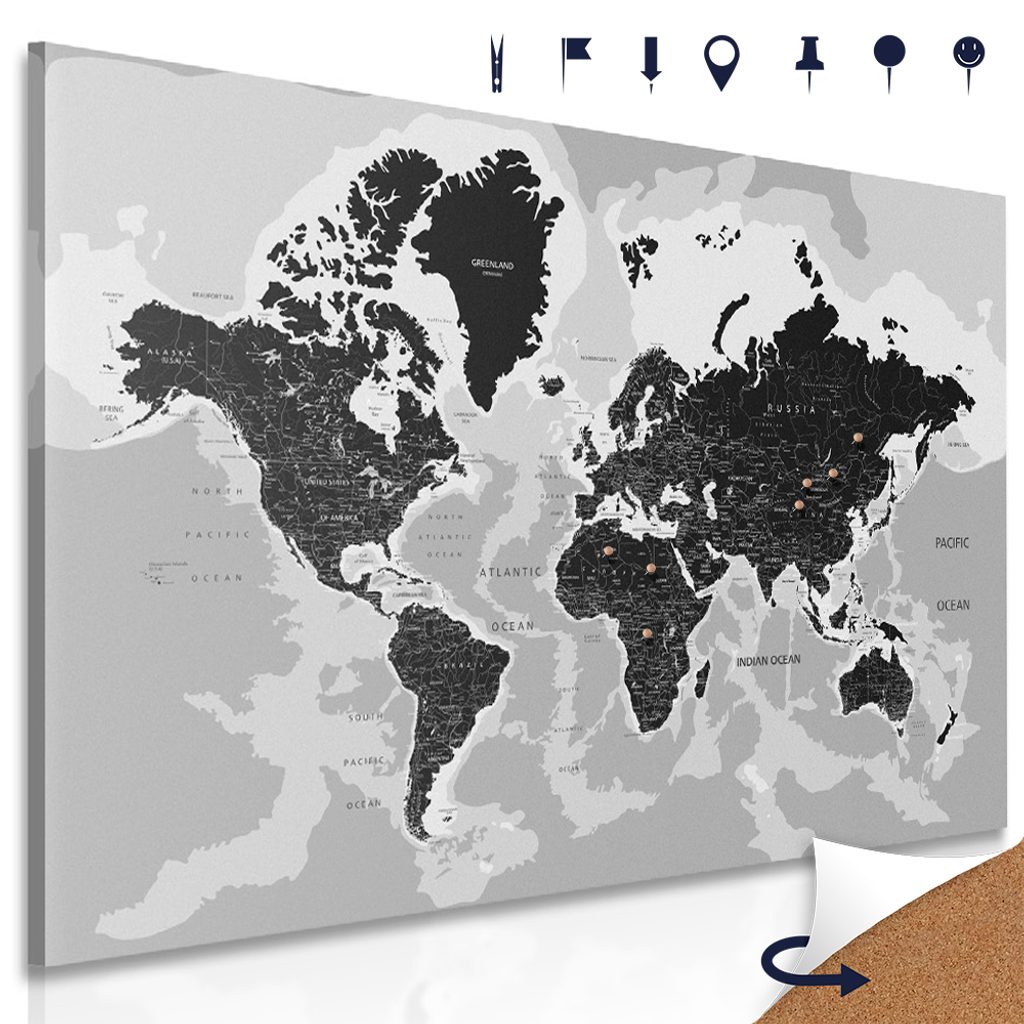 Obraz na korku podrobná mapa sveta v čiernobielom prevedení - Nostre.sk