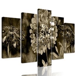 5-dielny obraz sépiova olejomaľba kvetov