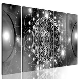5-dielny obraz okúzľujúca Mandala v čiernobielom prevedení