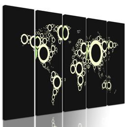 5-dielny obraz mapa sveta tvorená kružnicami v čiernobielom prevedení