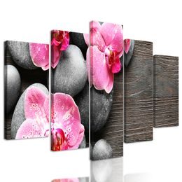 5-dielny obraz kvety orchidei na drevenom pozadí