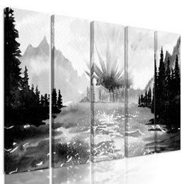 5-dielny obraz maľovaná horská krajinka v čiernobielom prevedení