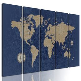 5-dielny obraz vintage mapa sveta v modrom prevedení