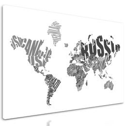 Obraz  čiernobiela mapa sveta tvorená názvami jednotlivých krajín
