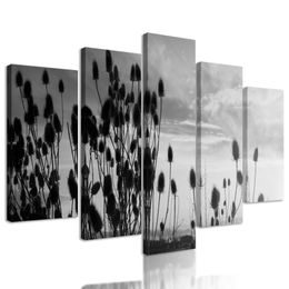 5-dielny obraz západ slnka za steblami trávy v čiernobielom prevedení