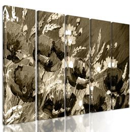 5-dielny obraz maľované maky na lúke v sépiovom prevedení