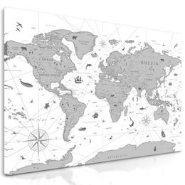 Obraz mapa sveta s historickým nádychom v čiernobielom prevedení